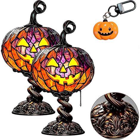 Lampe de table citrouille d'Halloween en vitrail - Lampe citrouille vintage alimentée par USB, lampe citrouille en résine pour fête d'Halloween à la maison, décoration saisonnière d'Halloween (1/5)