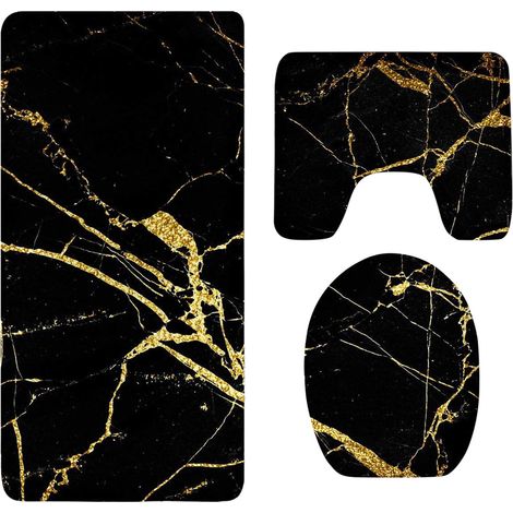 Ensemble de 3 pièces noir et or pour salle de bain : tapis de bain et couvre-abattant. (1/5)