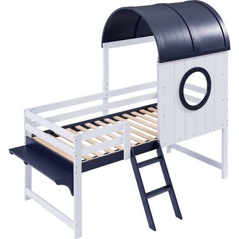 Hausbett 90×200 cm, Einzelbett mit Schublade, Schrägleiter und Ablage, ohne Matratze, Massivholz und MDF (1/4)