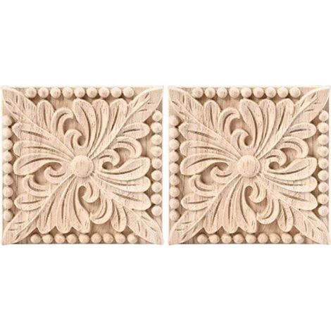 Lot de 2 Appliques SculptéEs en Bois Onlay Carré Sculpture DéCalque Non Peint Fleur Porte Armoire Meubles DéCoration 3,94 X Pouces (1/4)