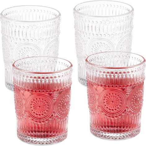 Lot de 4 verres, verre, motif fleurs, 300 ml, transparent, lave-vaisselle, eau jus cocktails, quotidien fête (1/5)