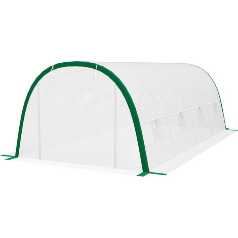 Serre tunnel, 18 m², dimensions 6 m x 3 m x 2 m – 8 fenêtres, porte enroulable avec fermeture éclair, acier galvanisé, bâche PE, blanche