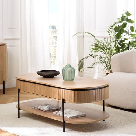 CHARLIE - Table basse marron 2 tiroirs style rétro Pin pieds métal noir (1/5)