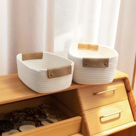 Panier Rangement - Corde Coton Tressé - Pour Cuisine Chambre Salle De Bain - 32 x 24 x 13 cm - Beige - Lot de 1 (1/5)
