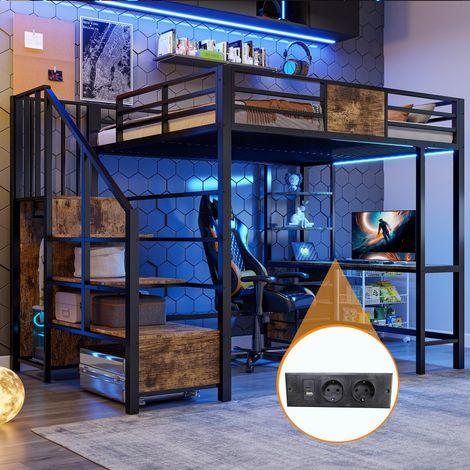 Lit Mezzanine 140x200 cm - Lit Enfant en Métal avec Bureau Penderie Étagères LED et Prise pour Studio et Petite Chambre - Noir (1/5)