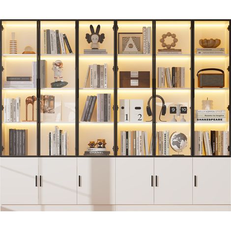 ELVMI Vitrina Alta con 12 Puertas de Cristal y LED Controlable por Aplicación para Salón MDF 240 x 32 x 200 cm Blanca (1/5)