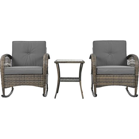 ELVMI Salotto da Giardino con 2 Sedie a Dondolo e 1 Tavolino, Cuscini, Rattan, Grigio (1/4)