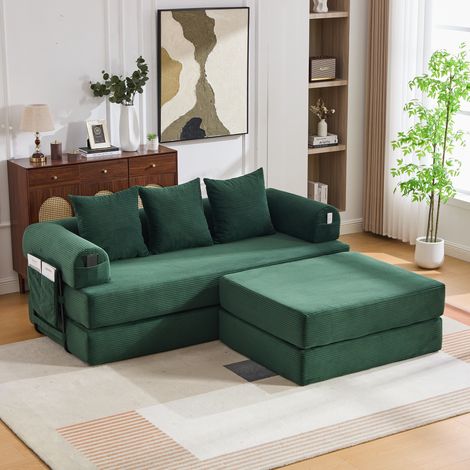 Canapé modulaire compressif vert émeraude, cadre métal, compartiments latéraux, 3 coussins épais, combinable (1/4)