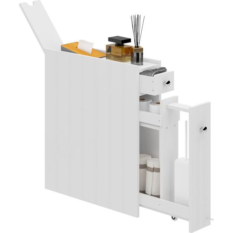 Soges – Meuble de rangement salle de bain sur roulettes – 2 tiroirs – 2 étagères – Porte coulissante – Dimensions 14 x 50 x 58 cm – Extérieur blanc brillant - PIED 14 X