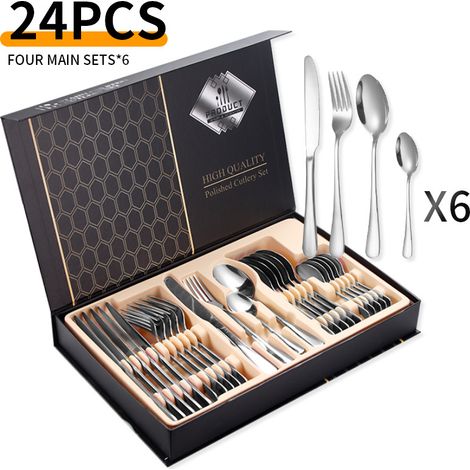 Ensemble de 24 couverts en acier inoxydable – service pour 6 personnes – acier inoxydable – argent (1/4)