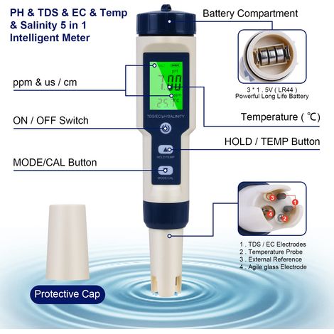 Misuratore di pH elettronico 5 in 1, misuratore di pH con display LCD retroilluminato, tester della qualità dell'acqua per testare pH/TDS/EC/temperatura/salinità, per acqua potabile/acquari/piscine (1/4)