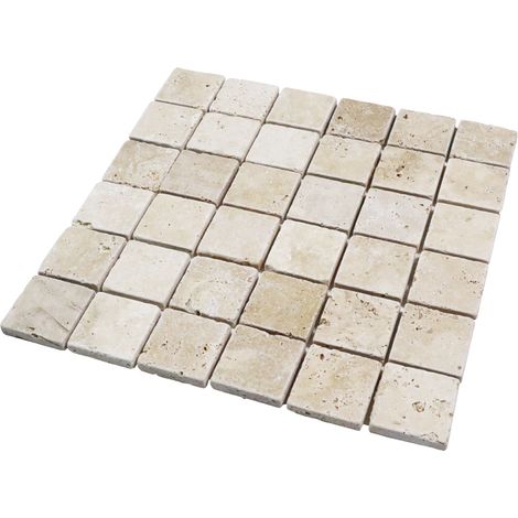 Decoon – Mosaïque travertin beige 4.8 x 4.8 cm – Pierre vieillie pour crédence cuisine – Idéale pour salle de bains – 11 plaques pour 1 m²