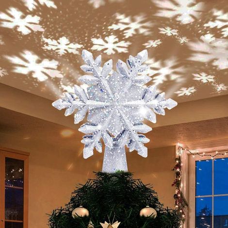 Étoile de Noël Lumineuse pour Sapin, Flocon LED avec Projecteur, Étoile et Flocons Rotatifs en Argent Pailleté, Décor de Noël 3D pour Arbre de Fête (1/5)