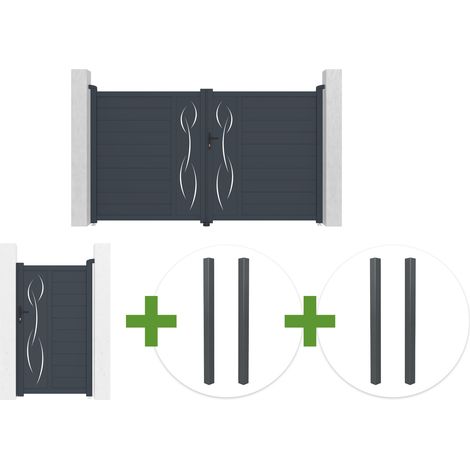 Portail battant 3m LIFE H.180cm aluminium gris + Portillon 1m LIFE H.180cm + 4 poteaux ELDA (1/5)