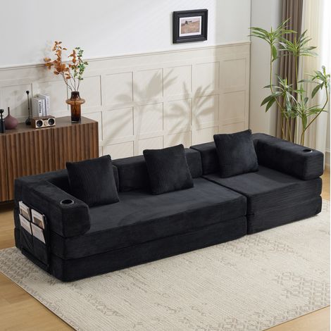 Klappbares Schlafsofa, umwandelbar zur Bodenmatratze, mit Seitentaschen und Getränkehaltern, Cord, schwarz (1/5)