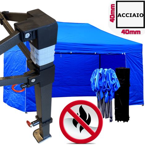 Gazebo 3x4,5m blu certificato IGNIFUGO pieghevole portatile estendibile richiudibile estensibile acciaio con laterali per fiere eventi stand chiosco tenda tendone mercato mercatino (1/5)