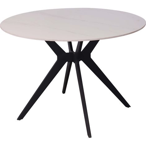 MONNA - Table à manger ronde pierre frittée blanc piètement en métal noir