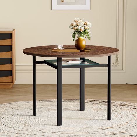 Table ronde design minimaliste, diamètre 100 cm, piètement métal stable, plateau verre brun-gris, motif bois brun, pour 2 à 4 convives, meuble salle à manger moderne. (1/5)