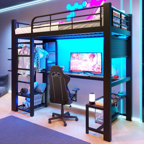 Cama alta 90/200 cm de metal con LED, escritorio y espacio de almacenaje (1/5)