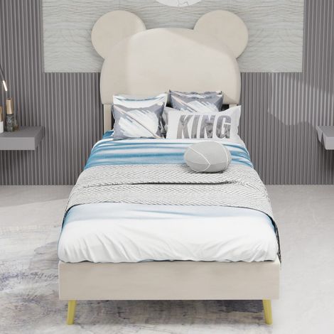 Lit 90x200cm - Lit Simple 90x200 - Design Cartoon - Tête de Lit Peluche - Sommier à Lattes Inclus - Tissu Beige (1/5)