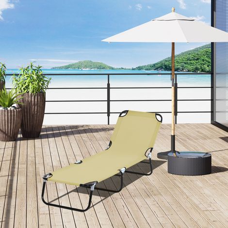 Transat inclinable pliable Outsunny avec 5 positions réglables, idéal pour le jardin, la piscine, la terrasse et le camping. Charge maximale : 120 kg. Dimensions : 188 x 56 x 28 cm. Couleur : beige.