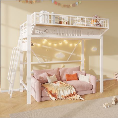 Letto a soppalco 90x200 cm, struttura in metallo, vani contenitori, piano inferiore aperto, scala reversibile, bianco (1/5)