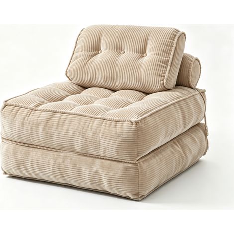 Fauteuil au sol 2-en-1 Pliable Velours Côtelé Beige, Dossier Inclinable, Canapé-lit d’appoint multifonction confortable pour Salon et Chambre à Coucher (1/5)