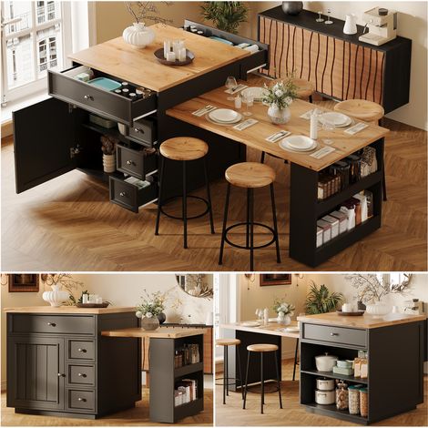 Îlot de cuisine extensible (120-184 cm) avec tiroirs et roulettes, table de bar avec comptoir multifonctionnel, Table à manger extensible, blanc (1/5)