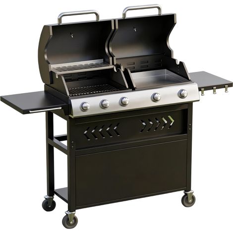 Barbecue gaz 5 brûleurs 11,7 kW plancha grille fonte émaillée (1/5)