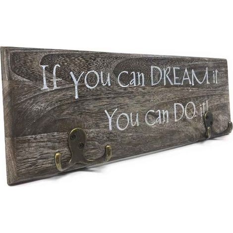 Appendiabiti in Legno 2 Ganci Doppi Bronzo Scritta If You Can Dream it You Can do it attaccapanni a Parete Shabby Chic Marrone (1/4)