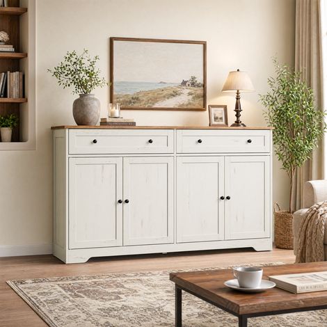 Buffet de Cuisine avec Étagères Réglables, 2 Tiroirs, 4 Portes, pour Salle à Manger, Style Maison de Campagne, Blanc (1/5)