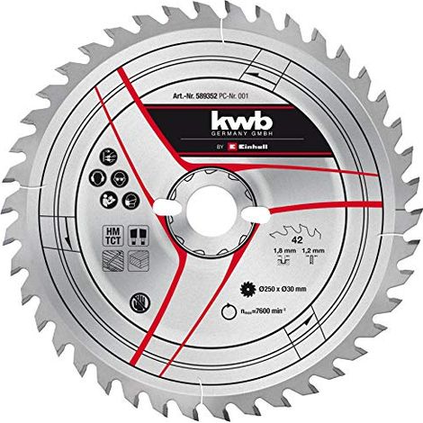 Einhell - Lama per sega circolare originale, 250 x 30 cm (accessori per sega, diametro 250 mm, attacco 30 mm, 42 denti piegati, larghezza di taglio 1,8 mm, per troncatrici con tappo di trazione) (1/3)