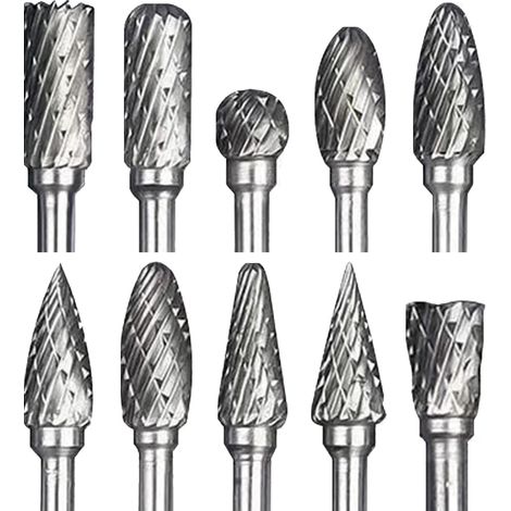 Jeu de Fraises Rotatives Acier Carbure de Tungstène Double Tranchant pour Outil rotatif, OUYLAF, 10 pièces Tige 1/8” pour Bricolage, Sculpture sur bois, Polissage métaux, Gravure, Perçage