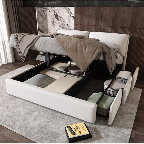 Lit coffre hydraulique 160x200 cm en velours beige avec 3 tiroirs, gain de place chambre – MEUBLIV (1/5)