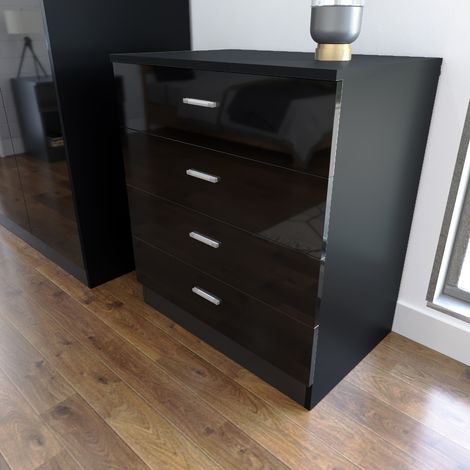 ELEGANT 4 Drawer Chest High Gloss Black Bedside Cabinet with Metal Handles