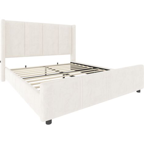 Letto contenitore capitonné 140 x 200 cm beige, testiera e pediera alte, USB, MODENUIT (1/5)