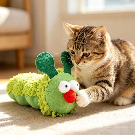 Jouet pour chat, 1 chenille verte en peluche à mâcher, accessoire à mâcher pour chatons et chiots, jouet interactif d'intérieur. (1/4)