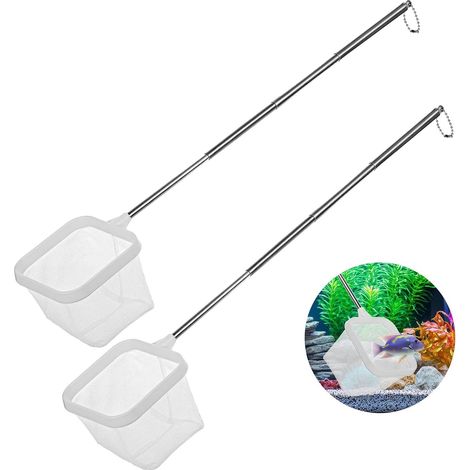 Lot de 2 épuisettes, Poignée extensible acier inoxydable, Maille fine nylon, Nettoyage aquarium alevins