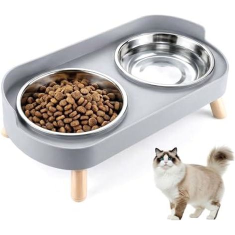 Lot de 2 Gamelles Chat Surélevées Inox 400 ml, Support Gris PP, Anti-Renversement et Anti-Éclaboussure, Eau... (1/5)