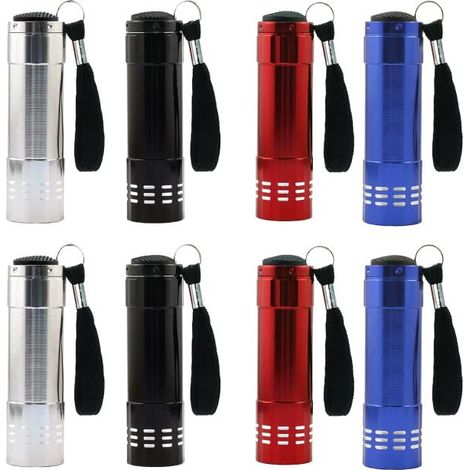 [NIEMALS VERWENDET] 8 Stück Mini LED Taschenlampe, Aluminium Kinder Taschenlampe mit 9 LED, LED Taschenlampe mit Lanyard, für Geburtstage, Camping, Outdoor, Wandern(Schwarz&Weiß&Blau&Rot)           [E