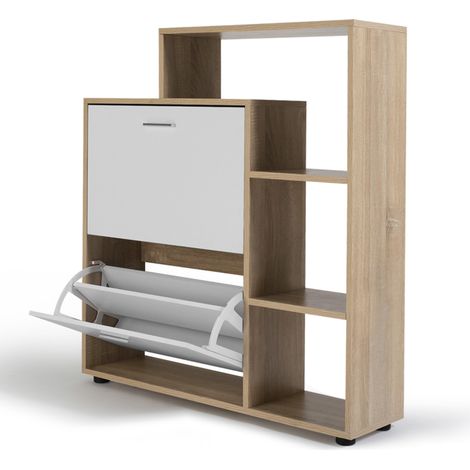 Idmarket – Meuble à chaussures 12 paires imitation hêtre – 2 portes blanches – Étagère modulable – Dimensions L. 60 x l. 24 x H. 80 cm (1/7)