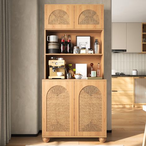 Buffet haut avec 2 portes, espace ouvert et étagère réglable, naturel, 80x40x180 cm (1/5)
