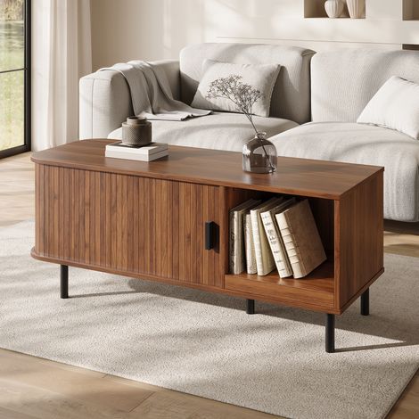 Mesa de centro con puerta corredera y almacenaje, 110 x 40 x 55 cm, color nogal HAVRYA (1/5)