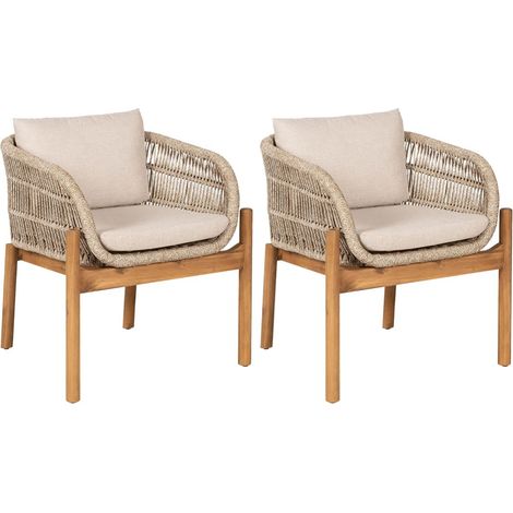 LORIENA - Lot de 2 Fauteuils de Table de Jardin en Acacia et Corde Beige avec Coussins (1/5)