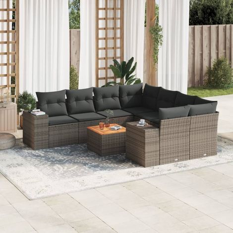 Ensemble de Jardin Modulaire 9 Pièces Gris Résine Tressée, Table Acacia, Coussins Amovibles Salon Exterieur Modulable (1/3)