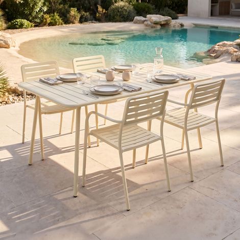 Table de jardin + 4 fauteuils empilables en métal crème - BACA (1/5)