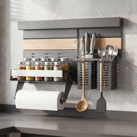 doporro Küchen Organizer aus Metall, Gewürzregal Wand ohne Bohren, Küchenreling 52 cm mit 1-stöckigem Gewürzregal, Küchenrollenhalter und 2 Besteckhalter, Grau Reglo Schiene 52cm