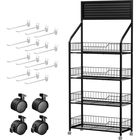 FIANAO – 4-stufiges Snack-Display-Regal – Metallwagen mit Rädern und 15 Haken, stabil, für Supermarkt und Haushalt, Schwarz – Maße: 60 × 27 × 140 cm (1/5)