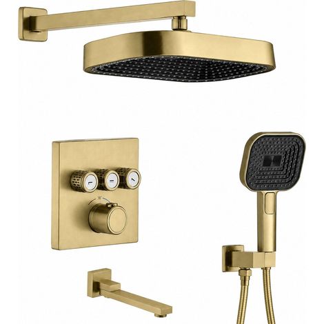 Colonne de Douche Thermostatique, Moderne Touches de Piano, HSS0631 Systèmes de Douche Encastrée, 325x200mm Carré Mural Ensemble de Douche, Douchette à Main 3 Modes, 59A Laiton Vanne (1/5)