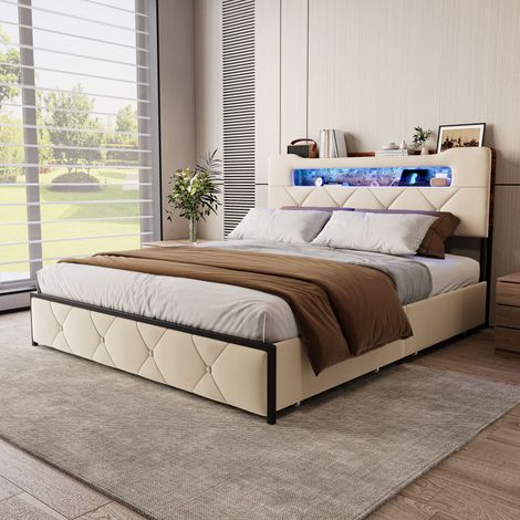 Lit 140 x 190 avec sommier,lit 2 Personnes avec tiroirs,LED,multiprise,cadre de lit 140 x 190 avec sommier en métal,beige velours (1/5)